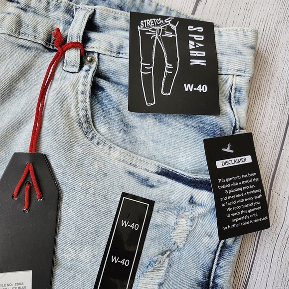 Plus Size Men Light Blue Distressed Denim Biker Shorts - Skinny Fit - Picture 4 of 15